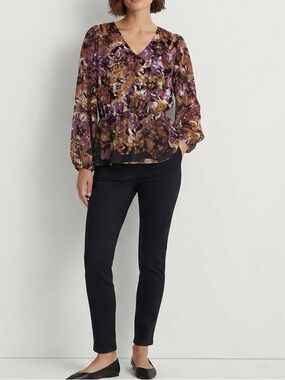 Rachel Floral V-Neck Peplum Blouse in Purple and Brown